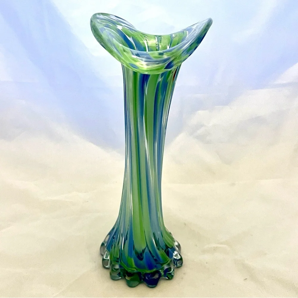 Hand Blown Stretch Glass Vase Jack In The Pulpit Blue Green, EUC